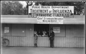 An influenza medicine depot in Christchurch for "poor" people. Taken by an unknown photographer 4 December 1918.