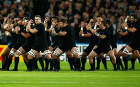 All Blacks perform the haka before their Rugby World Cup game against Namibia.
