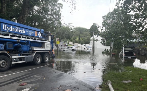 Kimberley Road, Epsom. Lots of cars have been caught in floodwaters and are waiting to be towed. 28 January, 2023
