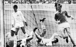 Charles Teamboueon scores for France in the Olympic quarter-final against Japan on October 20, 1968 in Mexico City.