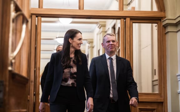 Jacinda Ardern and Chris Hipkins at Parliament ahead of his confirmation as the 41st Prime Minister of New Zealand.