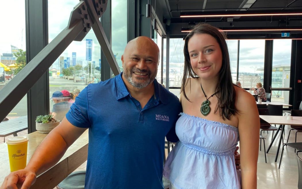Tagaloa Sailing Project founder Sonny Natanielu with participant Jasmin Holden-Whiu, who is studying environmental science and Māori studies.