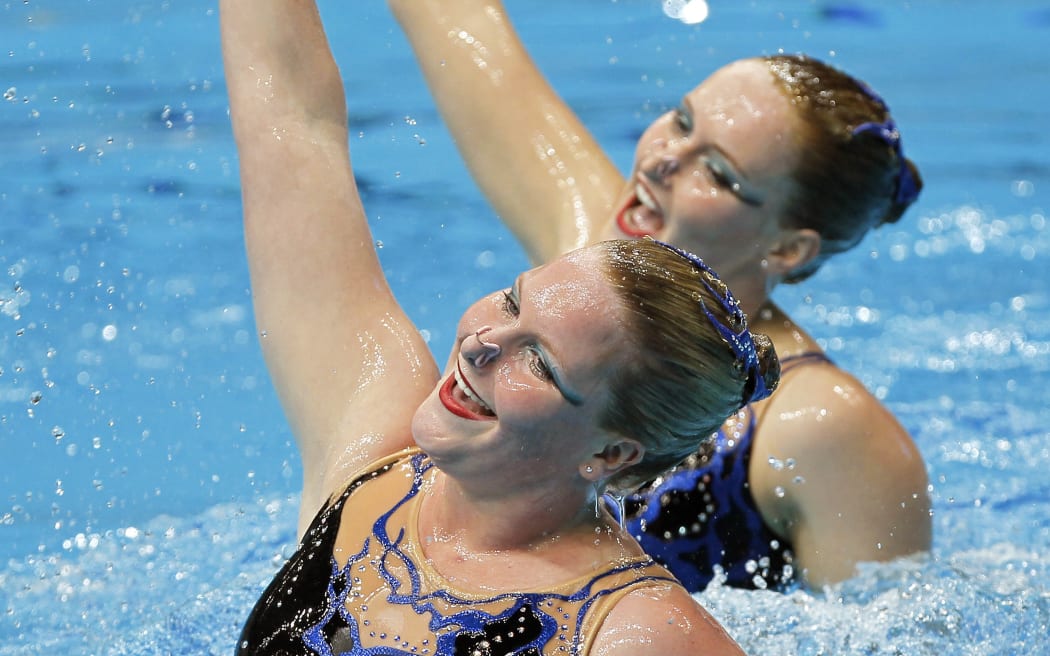 Caitlin and Kirstin Anderson during the Synchronised Swimming Duo routine. Commonwealth Games, New Delhi, 2010.
www.photosport.nz