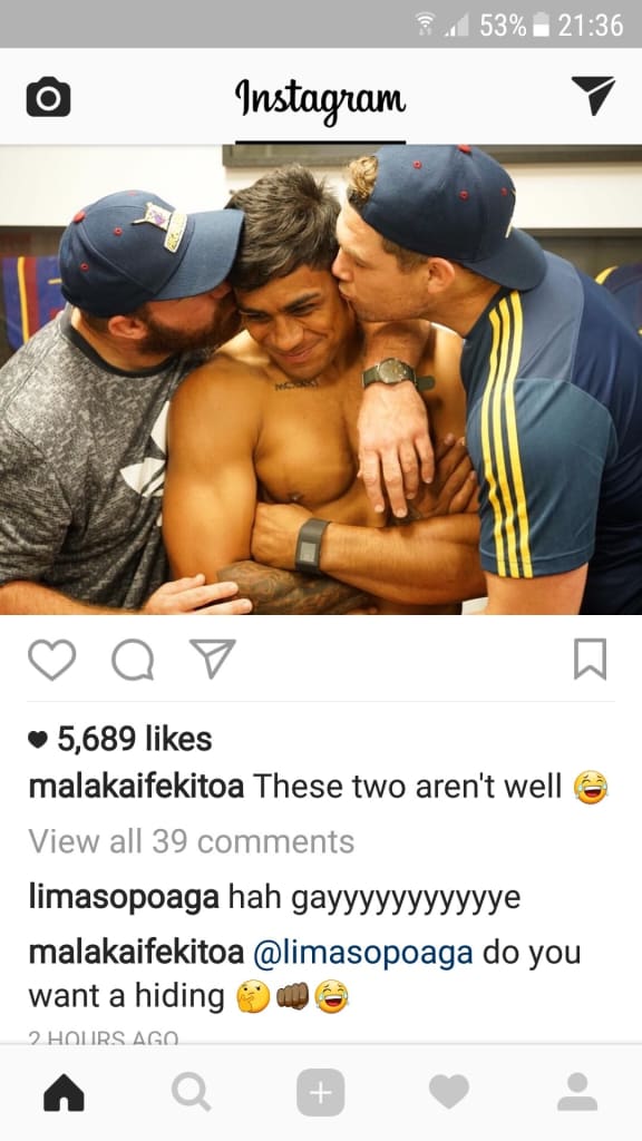 All Black Liam Sopoaga posted a comment on the photo that read "gayyyyyyyye".
