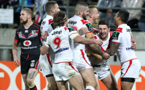 The Dragons celebrate a try at Wellington Stadium, 2015.