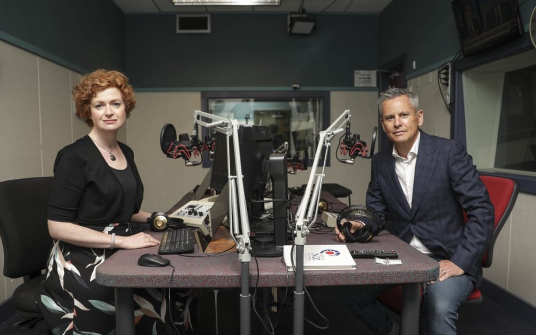 Morning Report presenters Susie Ferguson and Guyon Espiner in the Wellington studio, January 2018.