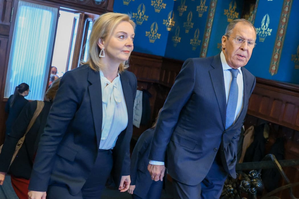 Russia Foreign Minister Sergei Lavrov with British Foreign Secretary Liz Truss before their talks in Moscow.