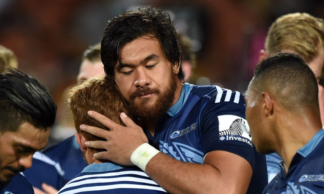 The Blues stand-in captain Steven Luatua with team-mates.