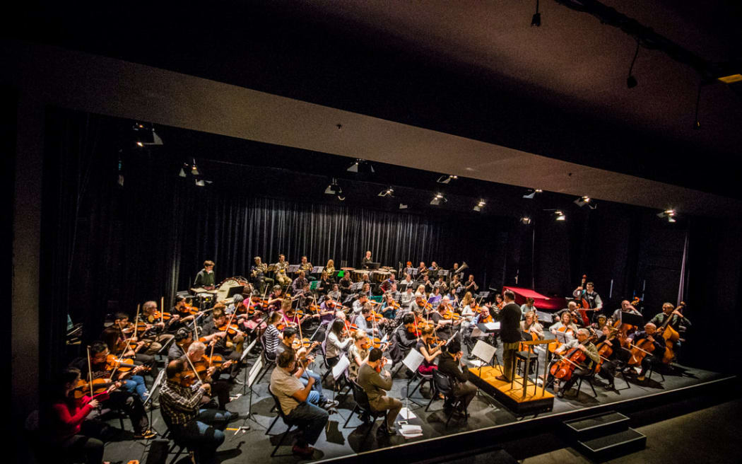 The New Zealand Doctors' Orchestra rehearses on stage at the TSB Showplace in New Plymouth, 2015.