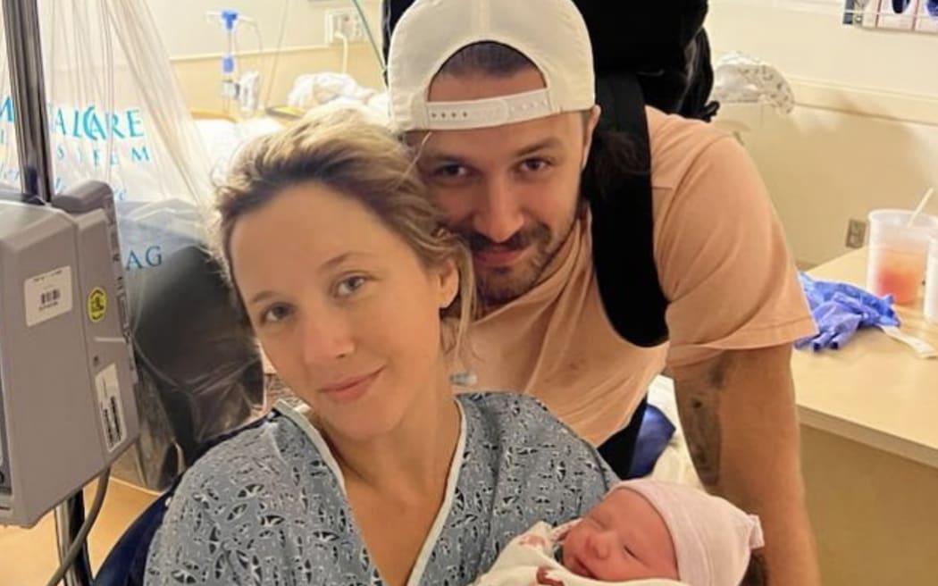 Rachel Hunter welcomed her grandson Louie, seen with Liam Stewart and his partner Nicole Ann, in an Instagram post on Saturday.