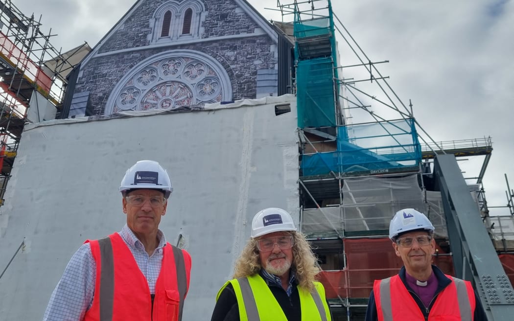 Keith Paterson, Mark Stewart and Bishop Peter Carrell in front of the Christ Church Cathedral on 6 April 2024.