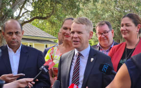Labour Leader Chris Hipkins speaks to the media after the opposition parties pōwhiri at Waitangi Marae on 3 February.