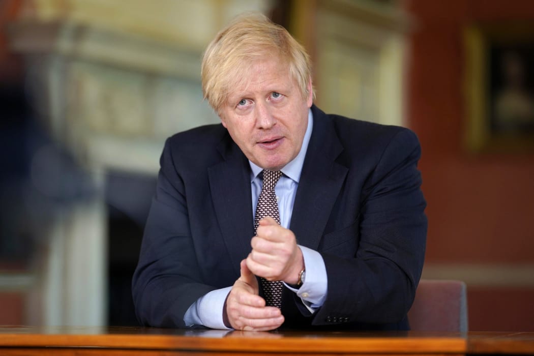 Britain's Prime Minister Boris Johnson being filmed giving his address to the nation inside 10 Downing Street in London on May 9, 2020.