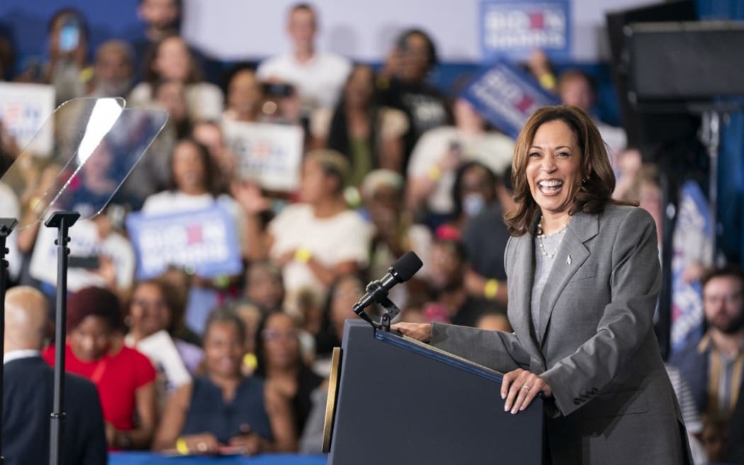 GREENSBORO, NORTH CAROLINA - JULY 11: Vice President Kamala Harris speaks to a crowd during a campaign event at James B. Dudley High School on July 11, 2024 in Greensboro, North Carolina. Harris continues campaigning ahead of the presidential election as Democrats face doubts about President Biden's fitness in his run for re-election against former President Donald Trump.   Sean Rayford/Getty Images/AFP (Photo by Sean Rayford / GETTY IMAGES NORTH AMERICA / Getty Images via AFP)