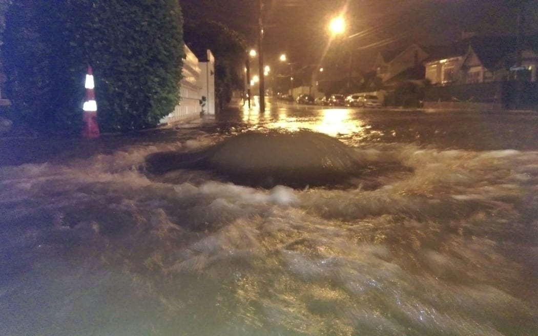 Water flooding back out of drains in Forbury Road, St Clair, at 9pm Wednesday 3 June.