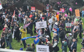 Protesters on Parliament grounds 28 September 2023.
