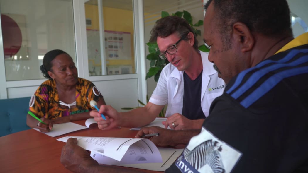 Marc-Antoine Morel and entrepreneurship scheme participants Roy Tinning and Glenda Lallier