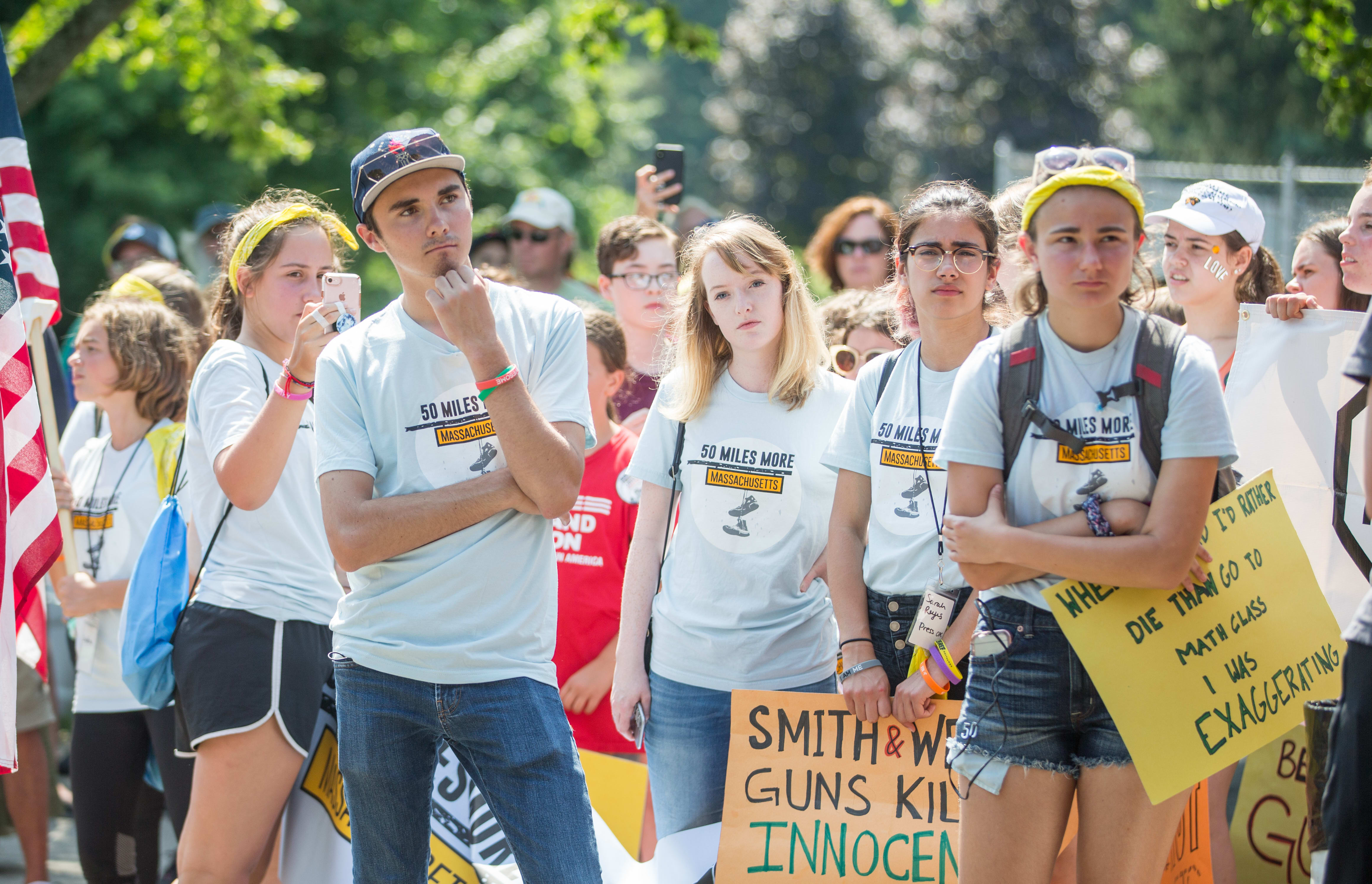 Activists, including Parkland shooting survivor David Hogg, on the 50 Miles More walk against gun violence in Springfield on 26 August 2018.