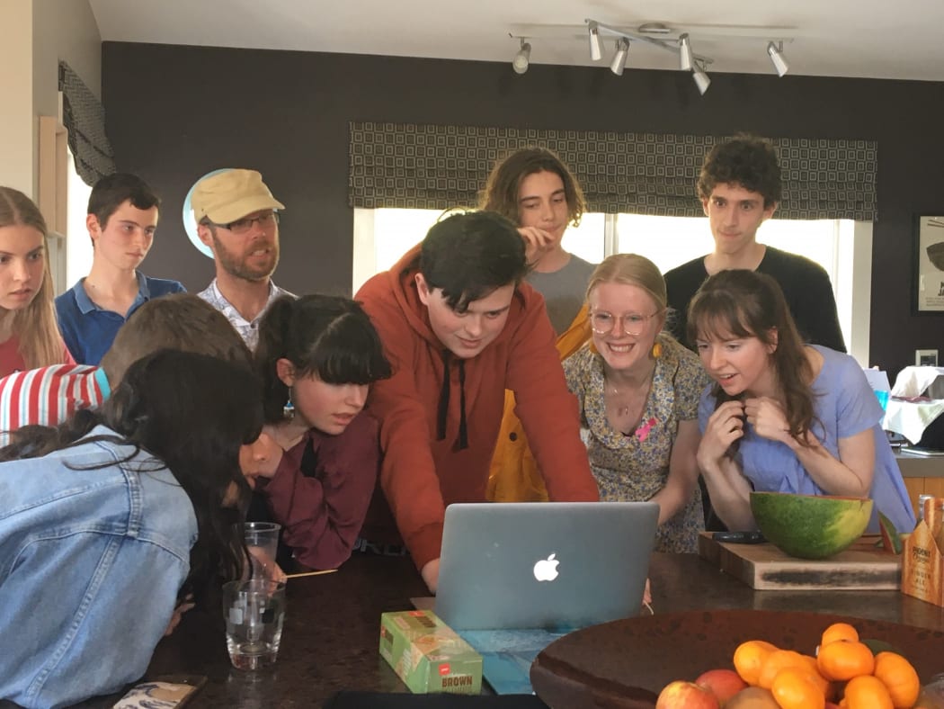 Paekākāriki-Raumati Ward Councillor Sophie Handford with her campaign team of highschool students, waiting for the 2019 local body election results to be posted.