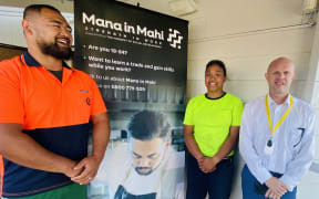 From left, Nehemiah Tangianau, Tarepeta Rio and Mark Goldsmith of the ministry of social development.