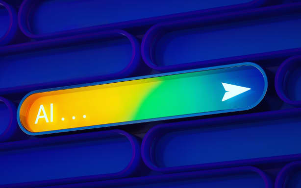 Digitally generated image of an active multicolored AI search bar among surrounding inactive blue search bars.