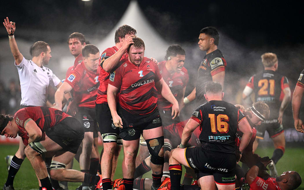 Fletcher Newell of the Crusaders celebrates after winning a penalty during the Super Rugby Pacific Grand Final.