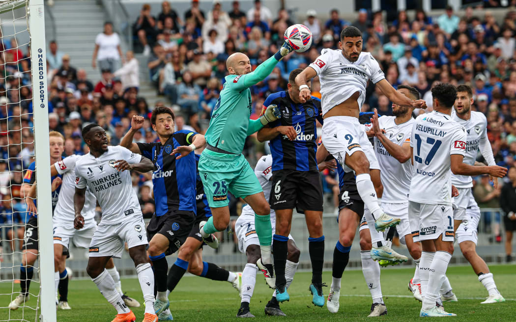 Melbourne Victory's Jack Duncan clears.