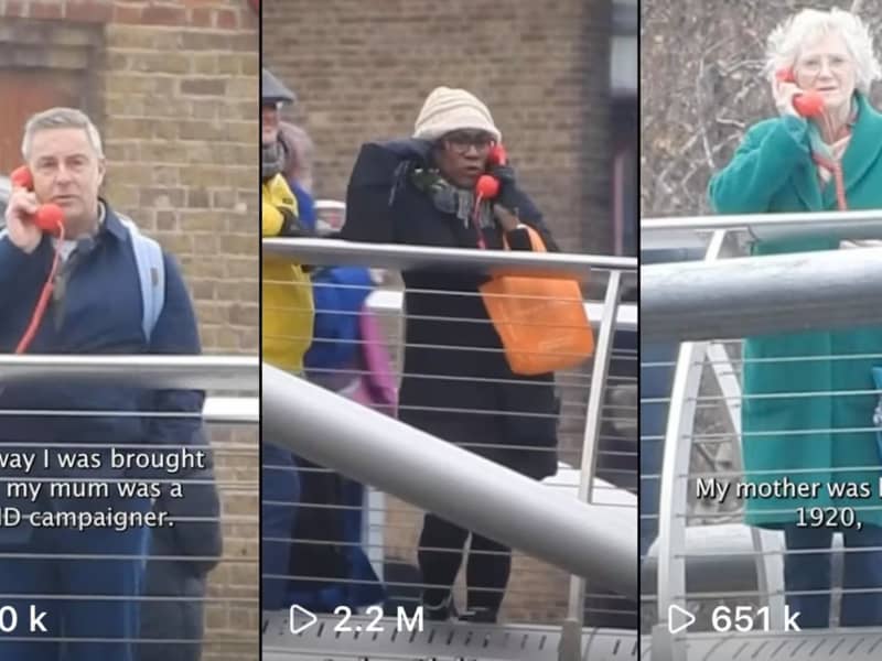 Bloom invited random strangers to share their views with the world via an old-fashioned red phone on a bridge.