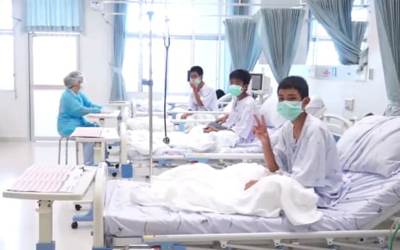 Some of the boys rescued from a Thai cave seen in hospital in Chiang Rai.
