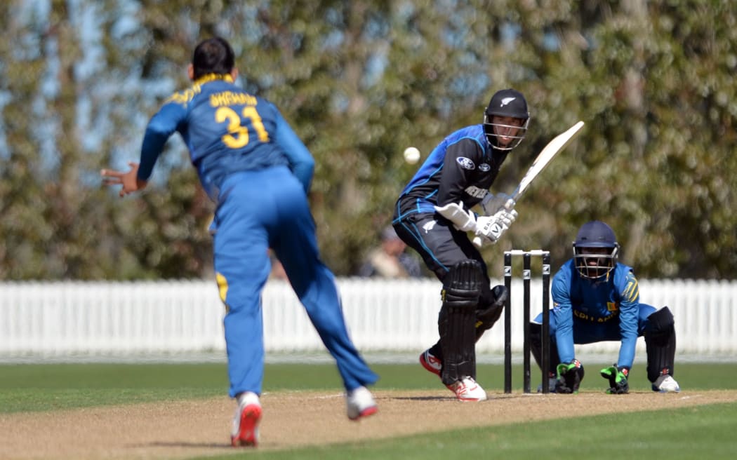 Mitchell Santner of New Zealand 'A' batting during the one-day series match 4 between New Zealand 'A' and Sri Lanka 'A' at Bert Sutcliffe Oval in Lincoln, New Zealand. 13 October 2015. Photo: Kai Schwoerer / www.photosport.co.nz