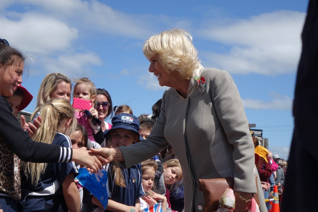 The Duchess of Cornwall greets young fans at Mosgiel Railway Station.