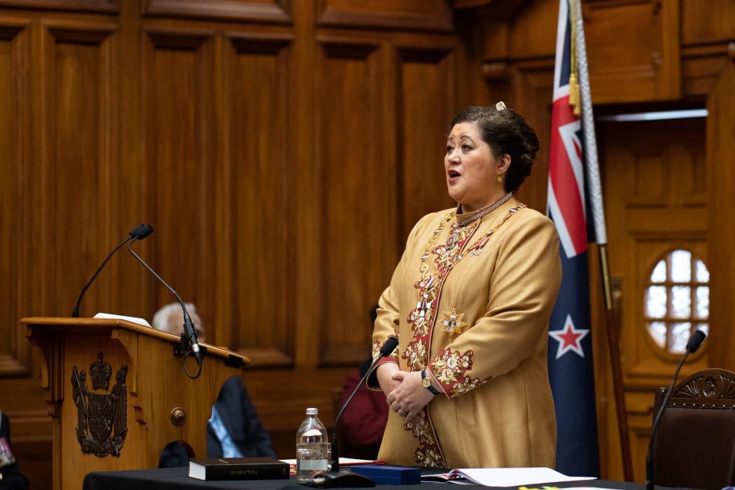 Dame Cindy Kiro joins in singing the waiata Ngā Puawai O Ngapuhi at her swearing-in