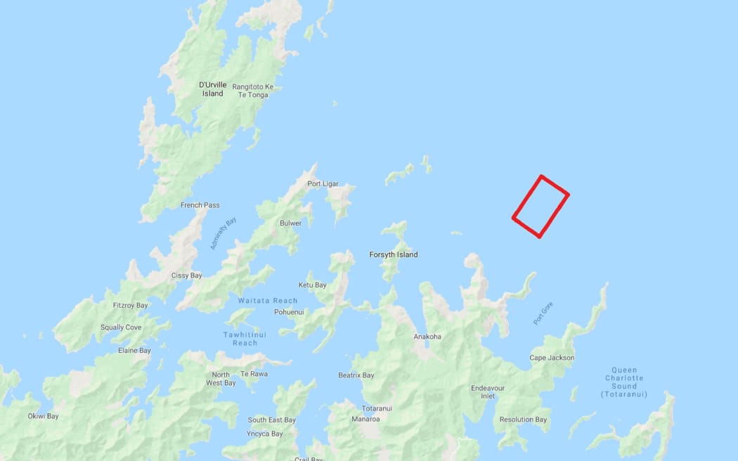 New Zealand King Salmon's application for an open ocean farm is highlighted in red.