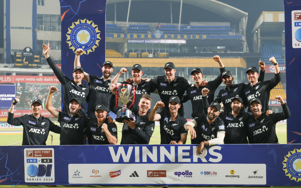 New Zealand's players celebrate winning the 3rd match and the ODI series. NZ Blackcaps v India.