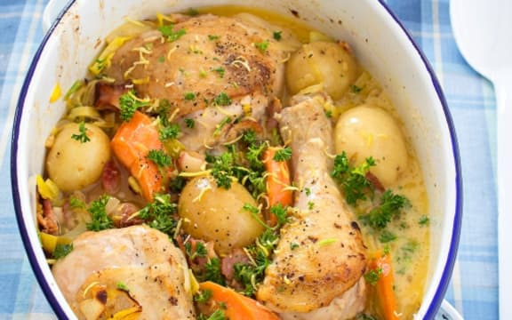 Coq Au Vin Blanc with baby potatoes