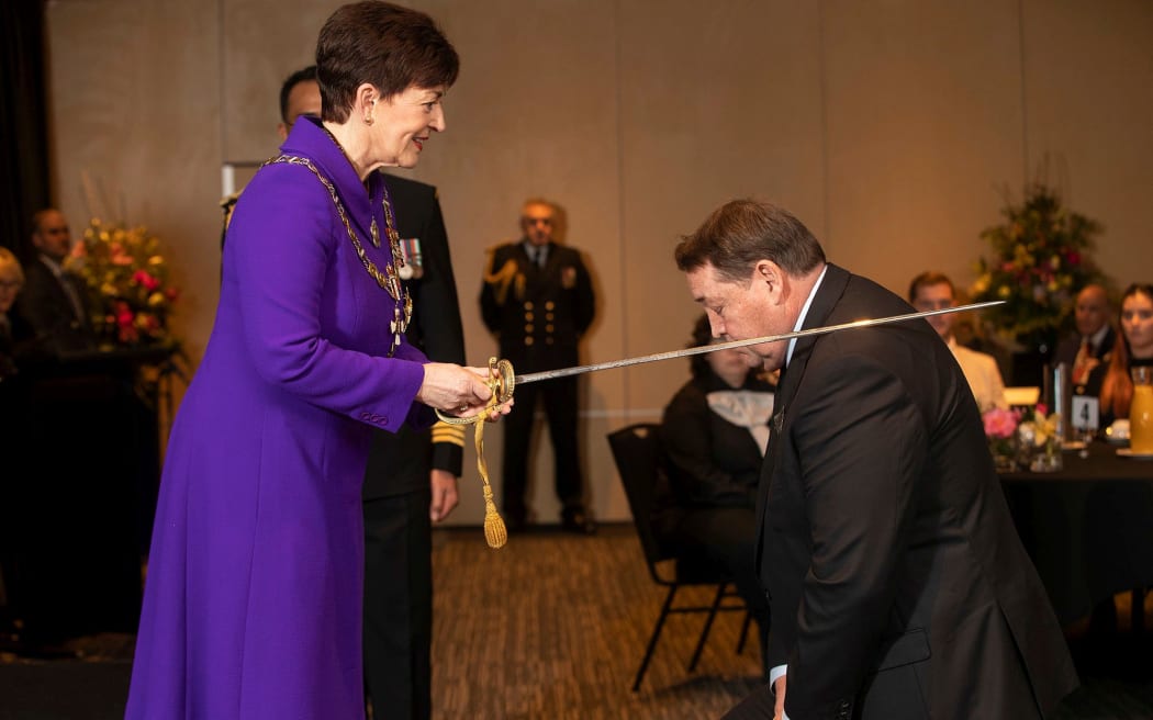Sir Steve Hansen of Christchurch receives his KNZM for services to rugby from The Governor-General, The Rt Hon Dame Patsy Reddy.
