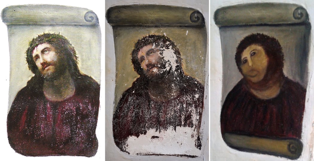 The original version of Ecce Homo by 19th-century painter Elias Garcia Martinez, the deteriorated version and the restored version by an elderly woman in Spain.