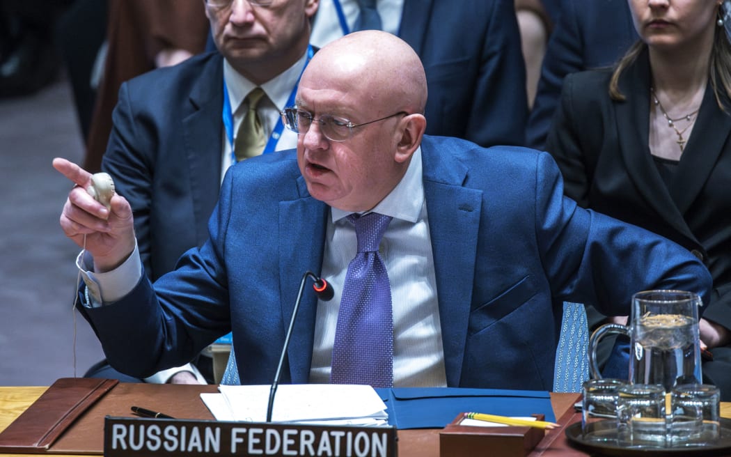 Russia's Ambassador to the United Nations Vasily Nebensya speaks to delegates after voting against a U.S. ceasefire resolution for the Gaza war during a UN Security Council meeting at the United Nations headquarters on March 22, 2024 in New York City.