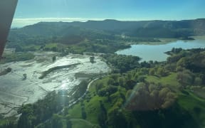 The aftermath of flooding from Cyclone Gabrielle seen from above Tūtira, Hawke's Bay.