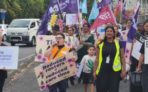 Aged care workers protesting Bupa roster changes in Auckland.