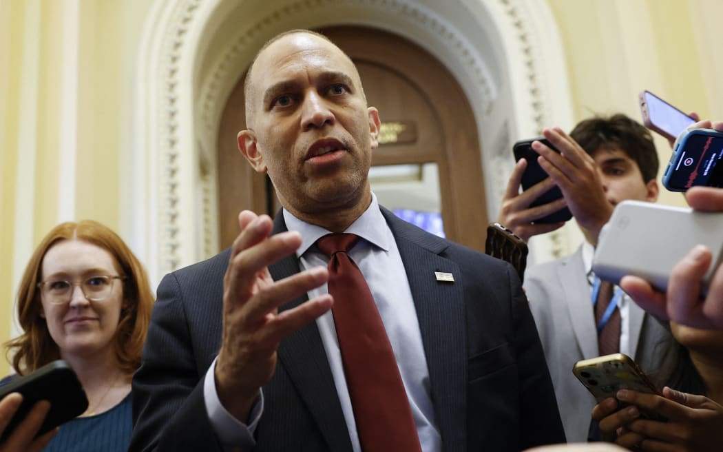 WASHINGTON, DC - JULY 03: U.S. House Minority Leader Hakeem Jeffries (D-NY) walks off the House floor after speaking for 8 hours and 45 minutes as the House debates the One, Big, Beautiful Bill Act at the U.S. Capitol on July 03, 2025 in Washington, DC. Jeffries broke the record for the longest floor speech for the House of Representatives, breaking former Speaker Kevin McCarthy's (R-CA) record of 8 hours, 33 minutes. House Republicans are working to pass the One, Big, Beautiful Bill Act, President Trump's sweeping tax and spending bill.   Kevin Dietsch/Getty Images/AFP (Photo by Kevin Dietsch / GETTY IMAGES NORTH AMERICA / Getty Images via AFP)