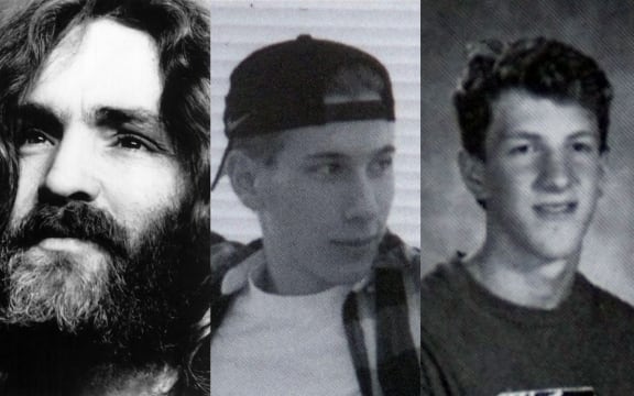 Criminal and cult leader Charles Manson (left), Columbine school shooters Eric Harris and Dylan Klebold.
