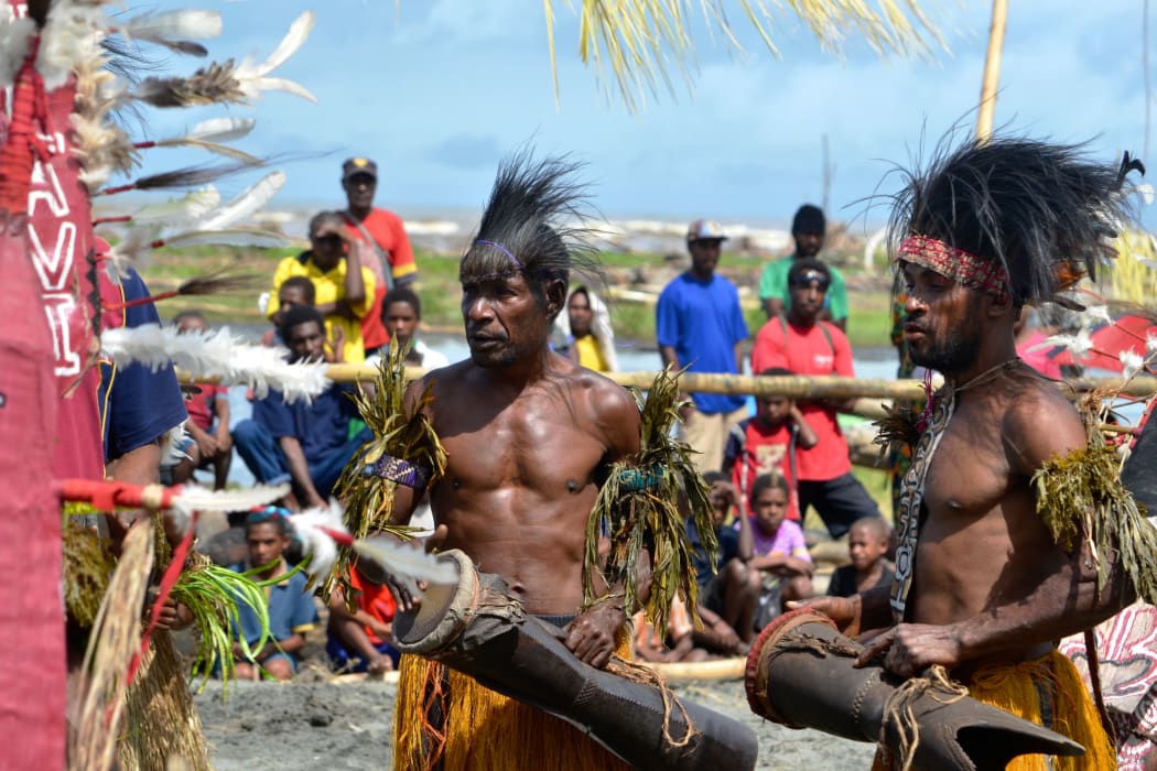 Traditional tribal dance at mask festival 7th Gulf Mask Festival, Toare Village, Gulf Province, Papua New Guinea on June 19, 2011