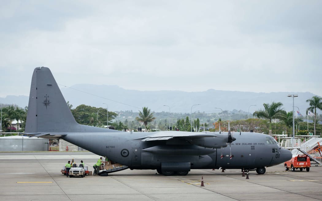 A Royal New Zealand Air Force C-130 Hercules collects 50,000 measles and rubella vaccines in Nadi, Fiji.