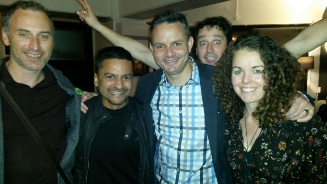 Greens leader James Shaw at a politically themed housewarming party