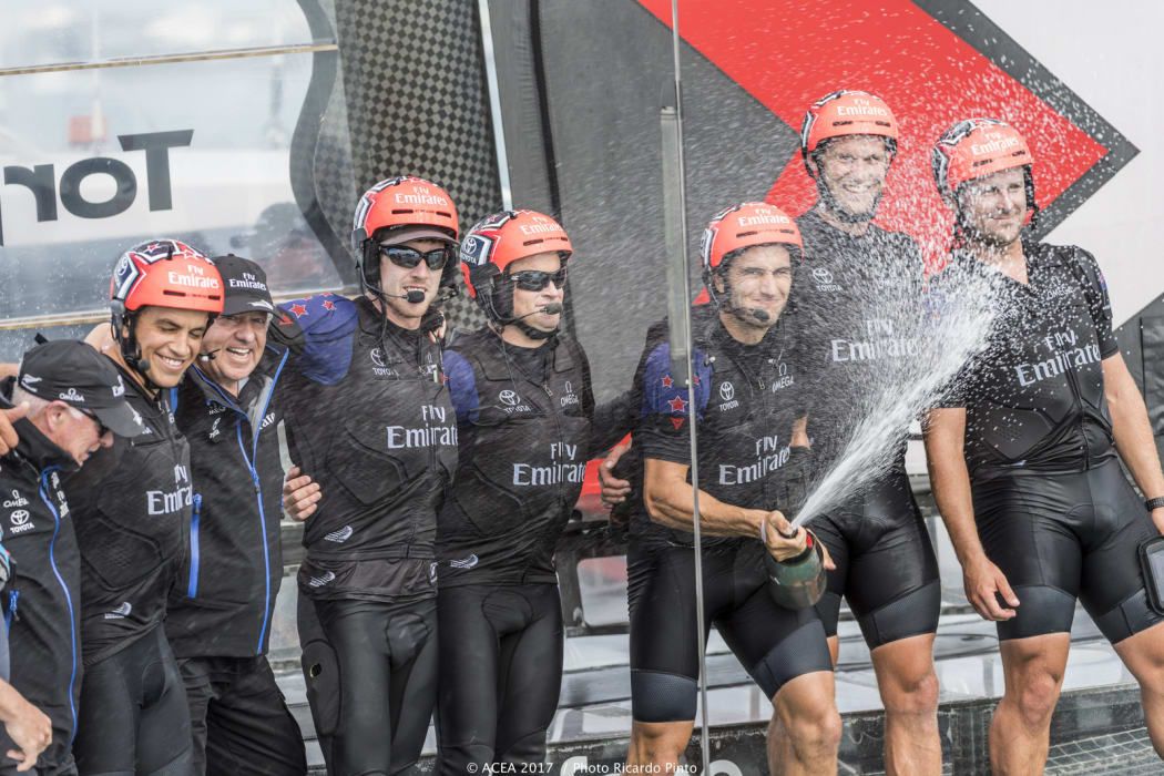 Team New Zealand celebrate their victory as they now head into the finals. Louis Vuitton America's Cup Challenger Playoffs Finals, Day 3 , Day 3.