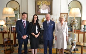 Prime Minister Jacinda Ardern and partner Clarke Gayford with Prince Charles and Duchess Camilla.