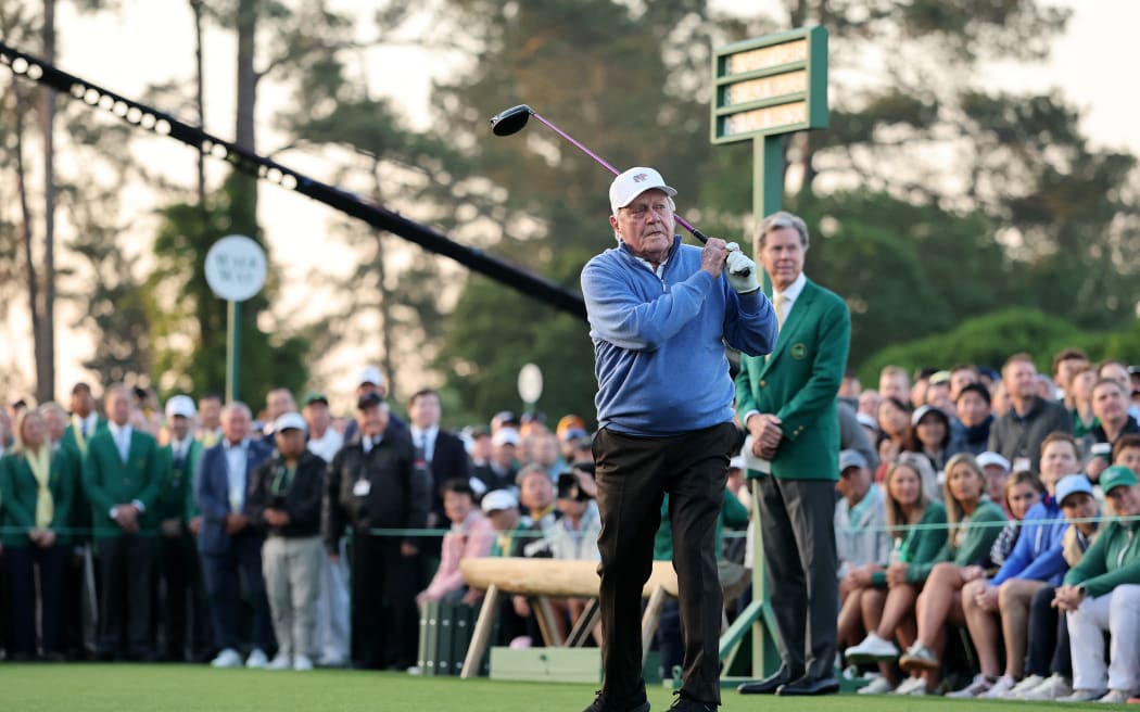 Honorary starter Jack Nicklaus plays his shot from the first tee during the first round of the 2025 Masters tournament at Augusta, Georgia, 11 April, 2025.
