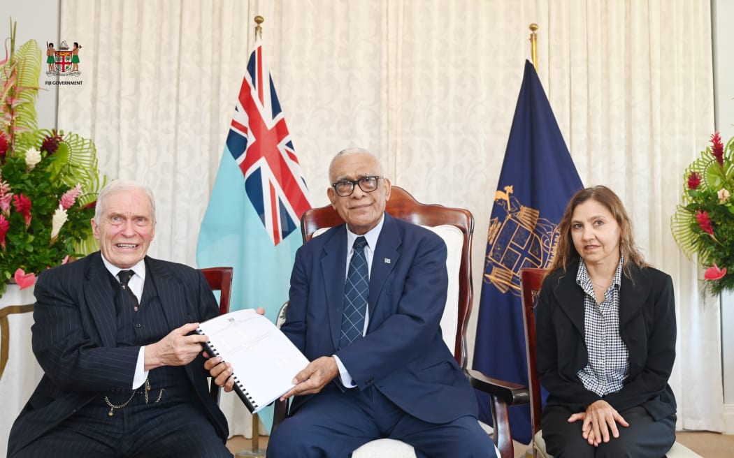 Left to right - Justice David Ashton-Lewis, President Ratu Naiqama Lalabalavu and Janet Mason when the COI report was handed over on 1 May 2025.