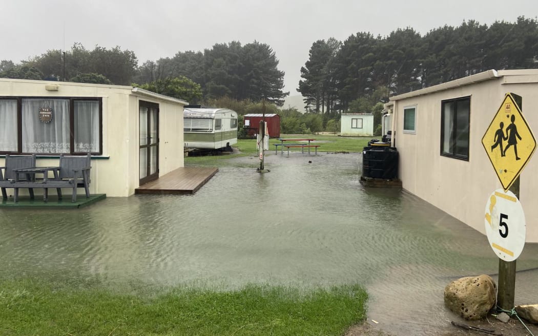 Flooding at Herbertville Campground on the Tararua District Coast, in the Manawatū-Whanganui region.
